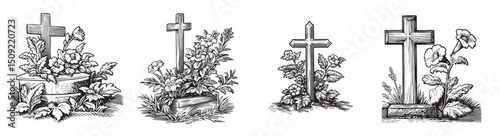 Vintage Funeral Crosses with Floral Arrangements for Memorial Art, Set Logo design, Vector Illustration, Engraving style