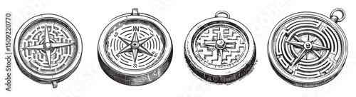 Intricate Vintage Compasses and Mazes in Detailed Illustrations, Set Logo design, Vector Illustration, Engraving style