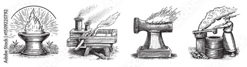 Vintage Illustrations of Blacksmith Tools and Techniques, Set Logo design, Vector Illustration, Engraving style