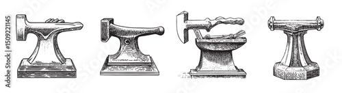 Vintage Blacksmith Tools: Classic Anvils and Hammers in Sketch Style, set vector illustration