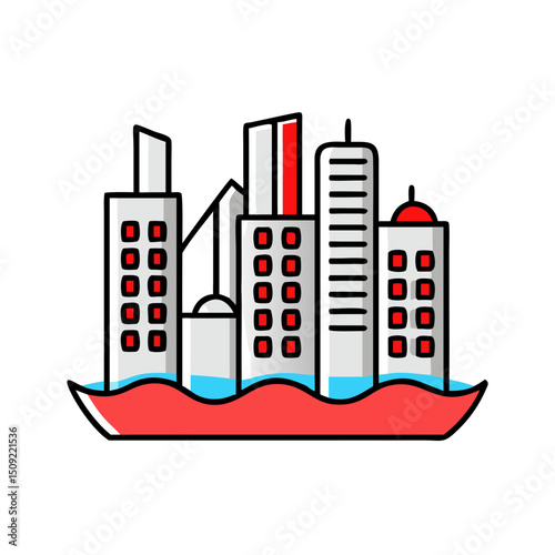 City skyline on water, modern architecture.