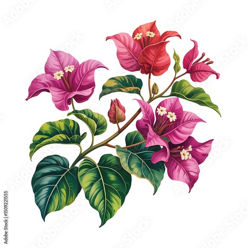 Detailed bougainvillea features pink and red flower bracts with striking green leaves on white