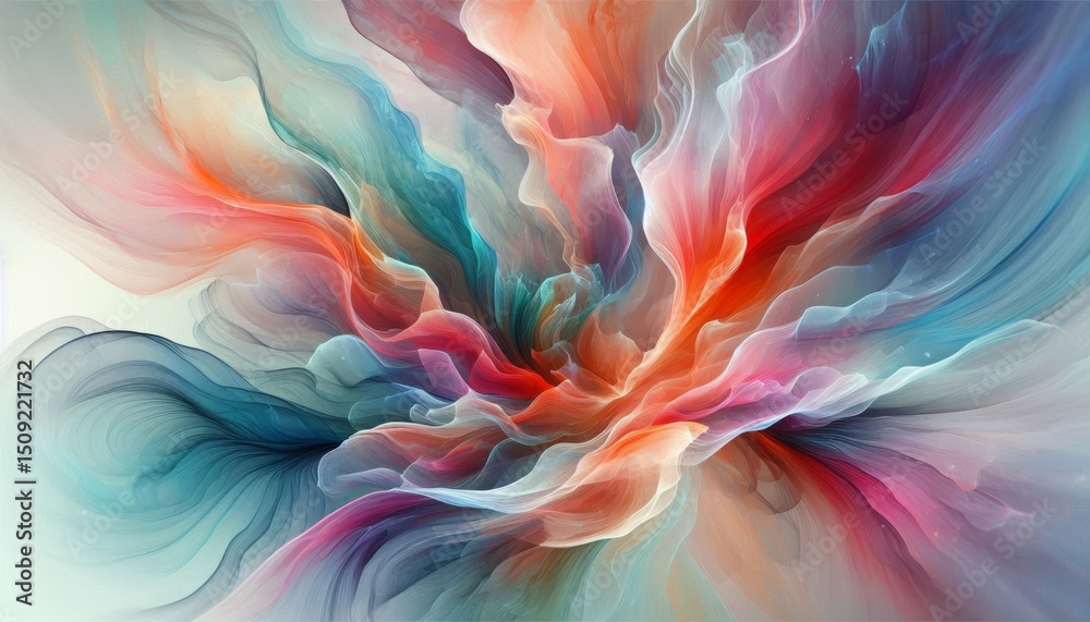 Obraz premium Bright translucent shades of coral, teal, magenta, and orange flow through abstract watercolor layers, glowing against a light, airy background