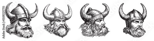 Detailed Illustrations of Viking Warrior Heads with Horned Helmets, set vector illustration