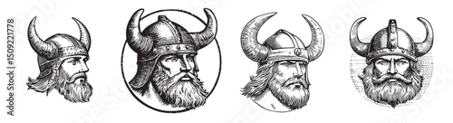 Vintage Illustrations of Norse Warriors with Horned Helmets, set vector illustration