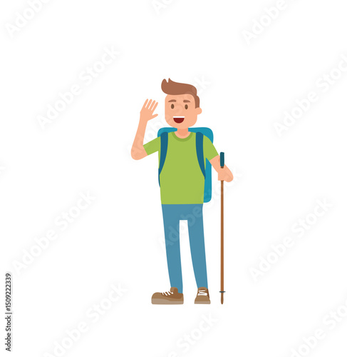 Happy hiker man waving backpack trekking stick