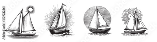 Vintage Sailboats in Black and White Illustration Set, set vector illustration