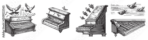 Vintage Piano Illustrations with Birds and Musical Notes Flying, set vector illustration