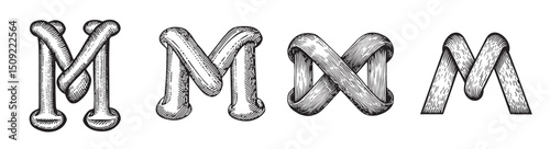 Hand-Drawn Decorative Lettering of the Letter M in Various Styles, set vector illustration