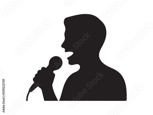 Silhouette of a person singing into a microphone.
