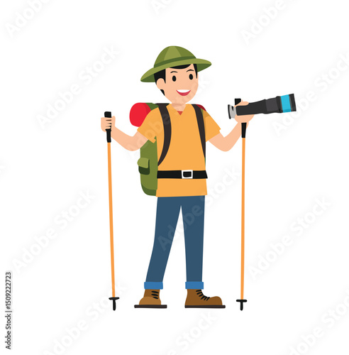 Happy male hiker with backpack and trekking poles enjoying nature