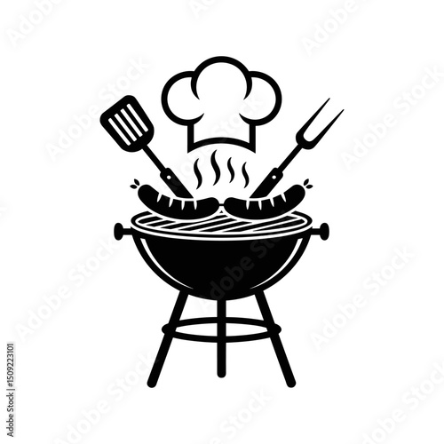 Culinary Gathering: Artistic illustration of a barbecue scene with smoking sausages, a chef's hat, and cooking utensils on the grill, perfectly capturing the essence of a delightful gathering.