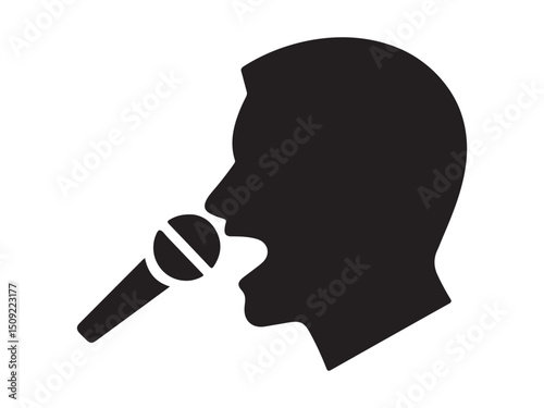 Silhouette of a person singing into a microphone.