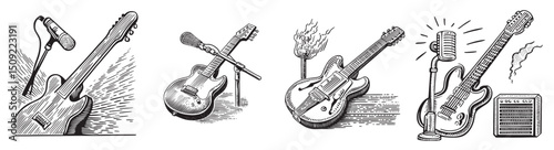 Vintage Musical Instruments with Microphones and Guitars Illustrations, set vector illustration