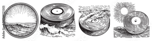 Vintage Vinyl Records with Ocean Waves and Sunburst Backgrounds, set vector illustration