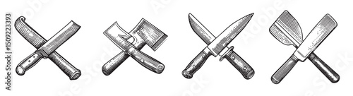 Vintage Knives, Axes, and Cleavers in Detailed Black and White Style, set vector illustration