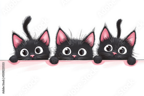 Three adorable cartoon black cats with long tails curiously peek over the edge of a table. Their oversized eyes and playful expressions create a whimsical and charming atmosphere that invites joy
