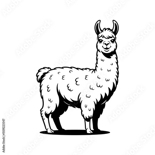 Llama Standing Proud: A majestic Llama stands tall, its elegant form captured in a minimalist black and white illustration. The image embodies serenity, simplicity.