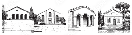 Four Elegant Church Buildings in Classic Architectural Style, set vector illustration
