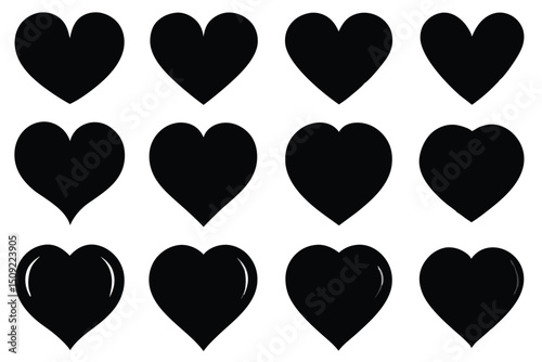 Collection of black heart shapes in various designs for love romance and valentine's day