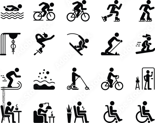 Black icons representing various sports, exercise, daily activities, wheelchair users, painting, and leisure, symbolizing active and inclusive lifestyles