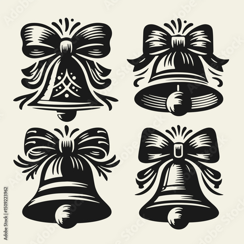 Set of vintage-style black and white Christmas bells with bows and ribbons. Hand-drawn in linocut technique with bold lines and high contrast, perfect for retro holiday designs.