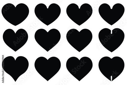 Collection of black heart shapes on white background design for love and romance concepts