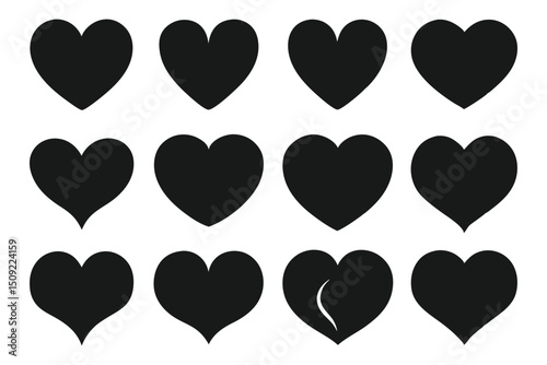 Collection of black heart icons in various shapes representing love, affection, and emotions