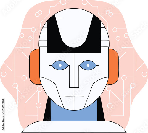 Modern geometric illustration of an abstract robot head with circuitry and transparency