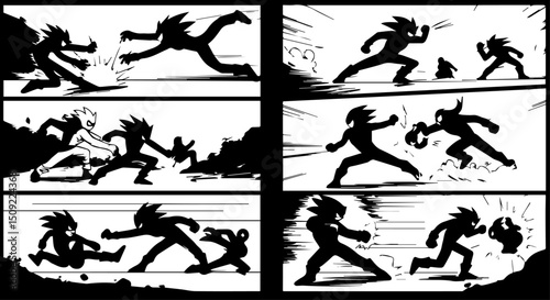 Dynamic Action Sequence Vector Graphic Illustration of a High-Speed Chase and Fight
