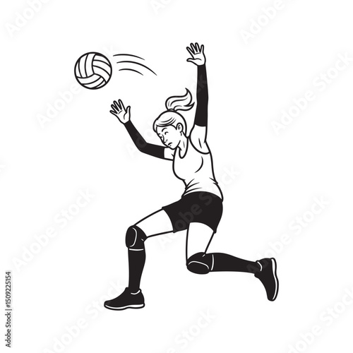 Volleyball player spiking the ball action in a dynamic black and white illustration