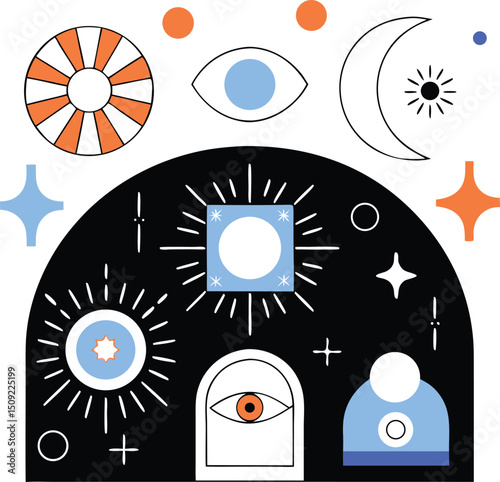 Mystical celestial elements design with decorative eye and geometric star shapes