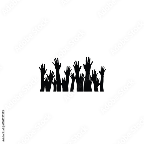 Silhouette of raised hands from multiple users, symbolizing voluntary survey participation on white background