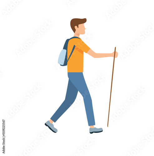 Man hiking with backpack and walking stick