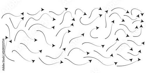 arrow sketches collection, hand drawn doodle style pointers, curved line, round swirls, black brush stroke