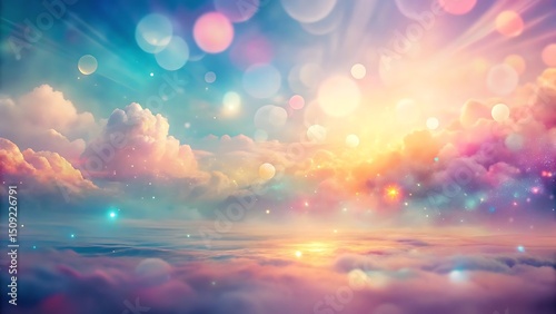 Ethereal celestial view with pink clouds, dreamy soft lights, and celestial sky