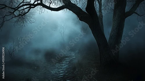 Misty forest path at night, spooky, dark, trees, moonlight