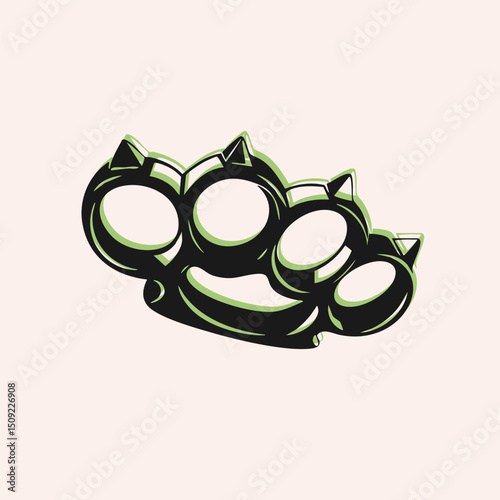 Black, neon green Brass knuckles. Hand drawn Vector illustration. Tattoo flash, sticker, logo, icon, print, design template. Isolated element