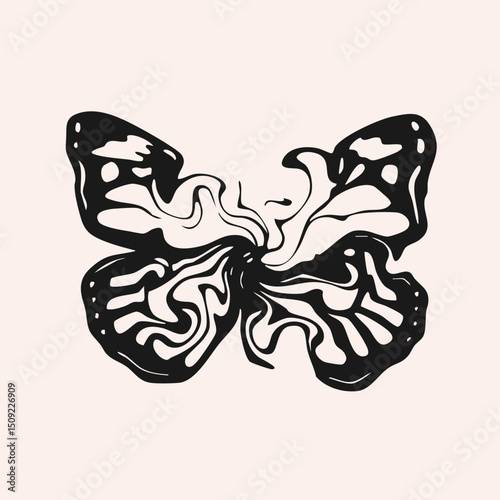 Swirled abstract liquid butterfly. Hand drawn black Vector illustration. Tattoo flash sketch, sticker, logo, icon, print, design template. Isolated element