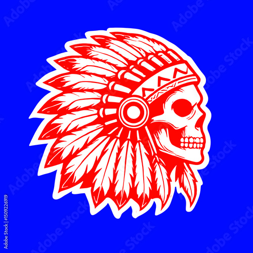 Skull with Native Feather Headdress Vector Illustration