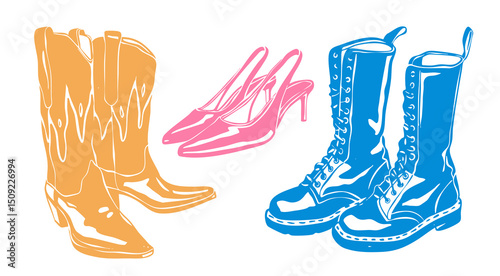Different colorful shoes set. Heeled summer shoes, high, cowboy boots. Casual formal leather footwear for women, men. Hand drawn modern Vector illustration. Trendy style. Isolated design elements