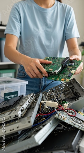 E-waste Recycling: Person Sorting Circuit Boards
