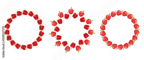 Vegetable frame set. Bell pepper design template, with space for text. Cute hand drawn red peppers. Doodle style round frame. 