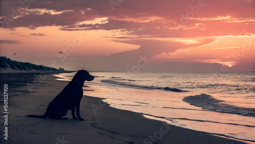 Silhouette of dog watching sunset on sandy beach photo