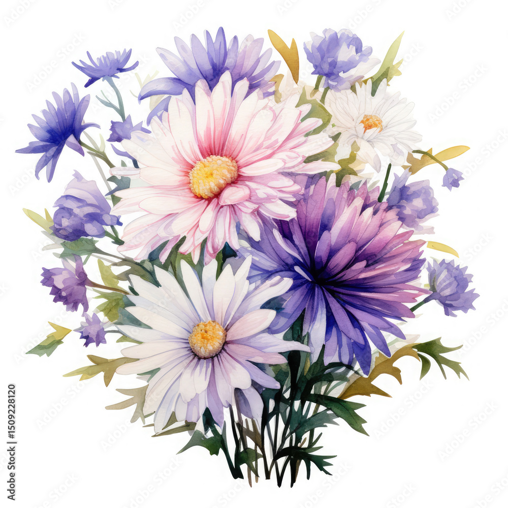 Obraz premium Watercolor Aster Flower Bouquet, clipart Illustration, Generative Ai