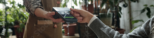 Canvas Print Image showing a senior making contactless payment in a greenhouse with a card reader