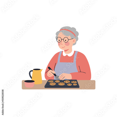 Elderly woman baking cookies in kitchen while smiling happily  