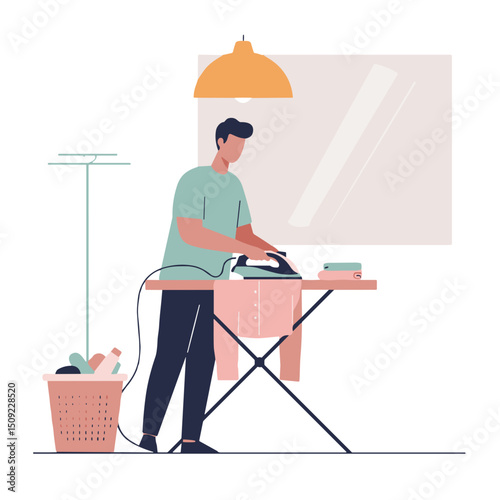 Young man ironing clothes at home in a modern interior  