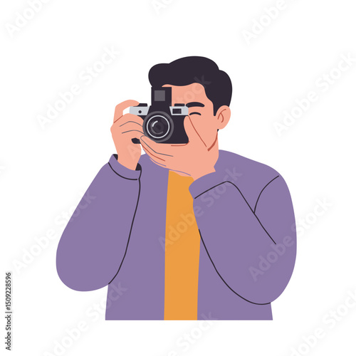 Man taking photo with camera while standing in casual outfit  