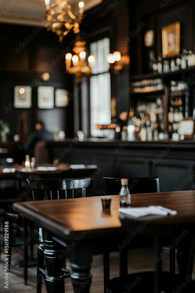 Elegant restaurant interior with dark wood furniture, warm lighting, and a vintage ambiance. A cozy and inviting space for dining and relaxation. Elegant restaurant interior with dark wood furniture, warm lighting, and a vintage ambiance. A cozy and inviting space for dining and relaxation.